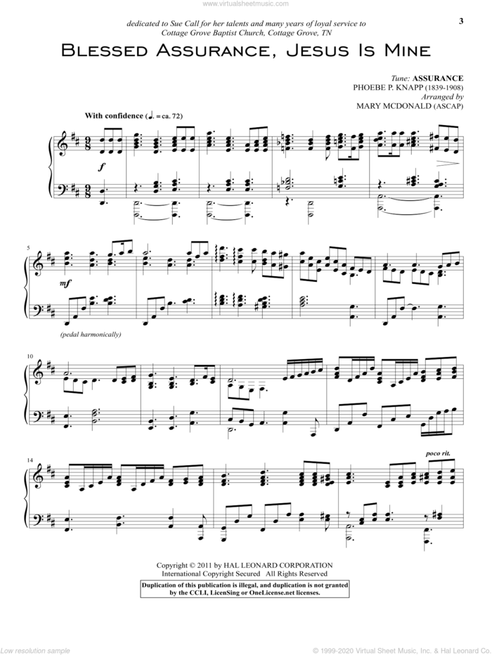 Blessed Assurance sheet music for piano solo by Phoebe Palmer Knapp and Fanny J. Crosby, intermediate skill level