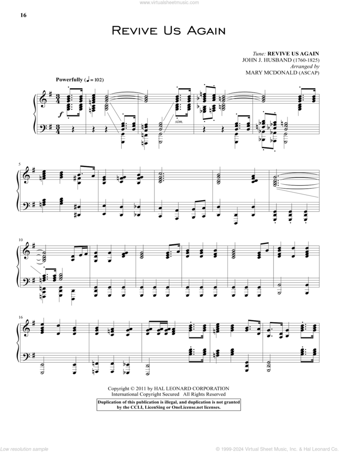 Revive Us Again sheet music for piano solo by William P. MacKay and John J. Husband, intermediate skill level