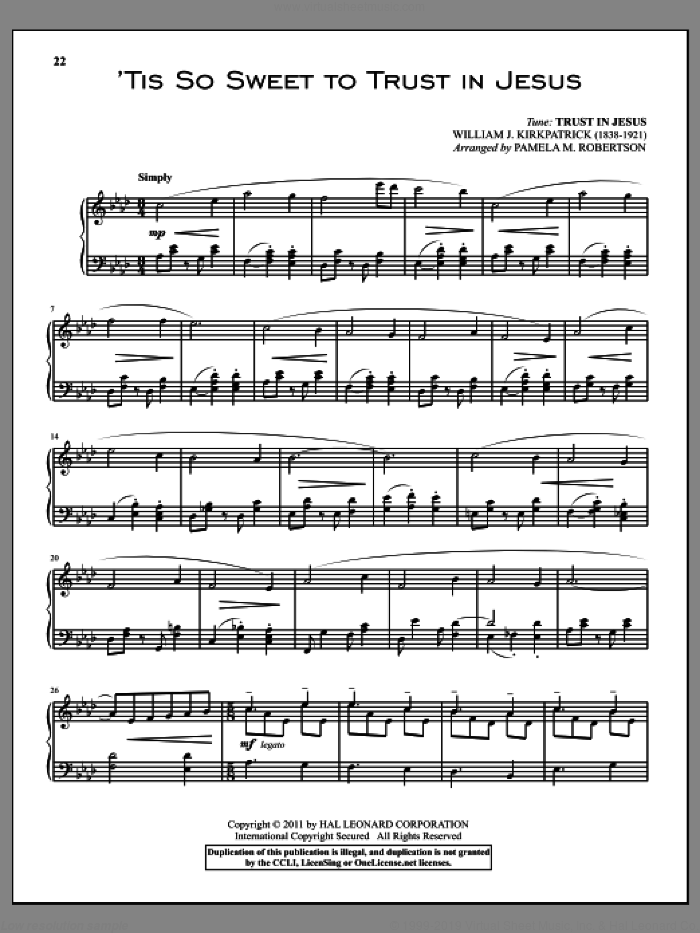 'Tis So Sweet To Trust In Jesus sheet music for piano solo by Louisa M.R. Stead and William J. Kirkpatrick, intermediate skill level