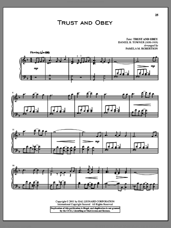 Trust And Obey, (intermediate) sheet music for piano solo by John H. Sammis and Daniel B. Towner, intermediate skill level