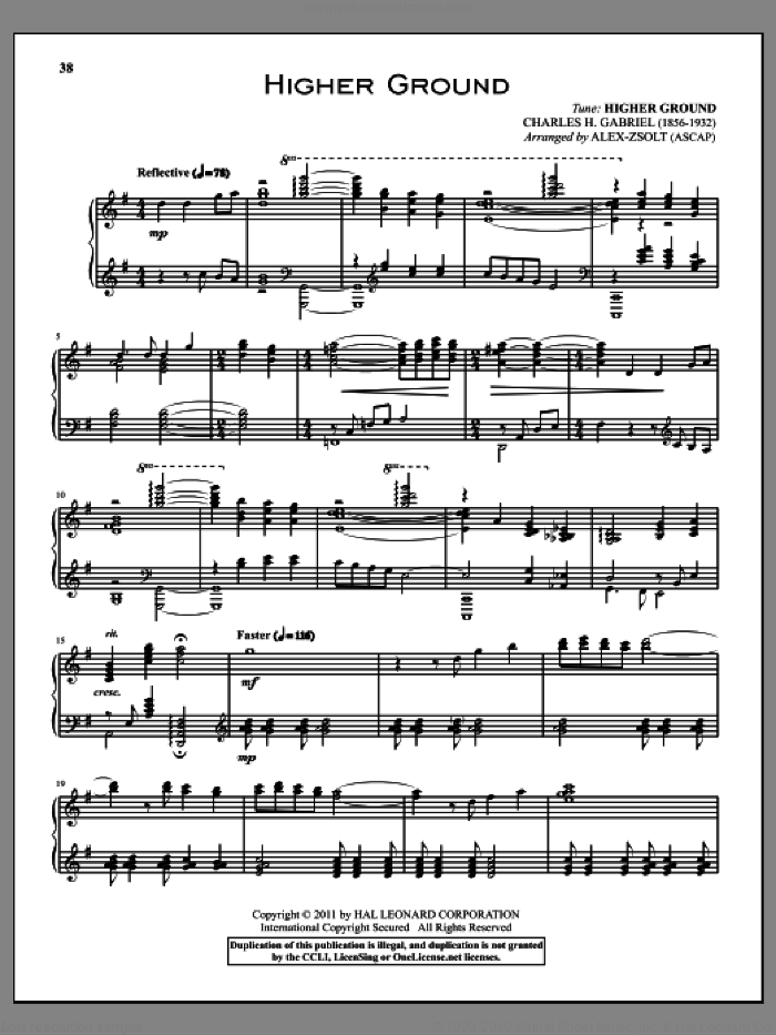 Higher Ground sheet music for piano solo by Johnson Oatman, Jr. and Charles H. Gabriel, intermediate skill level