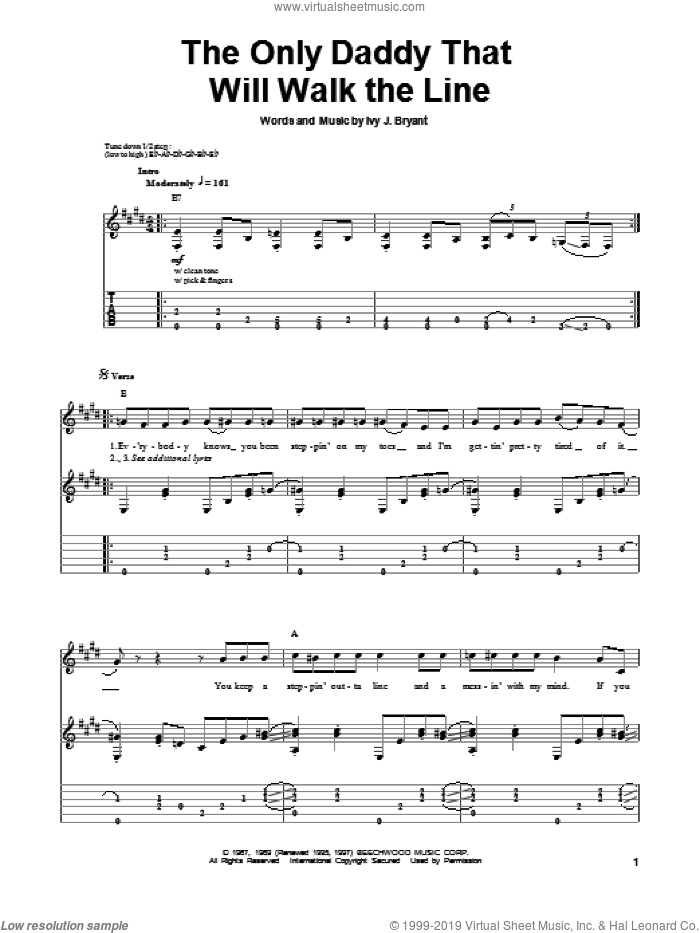 The Only Daddy That Will Walk The Line sheet music for guitar (tablature, play-along) by Waylon Jennings and Ivy J. Bryant, intermediate skill level