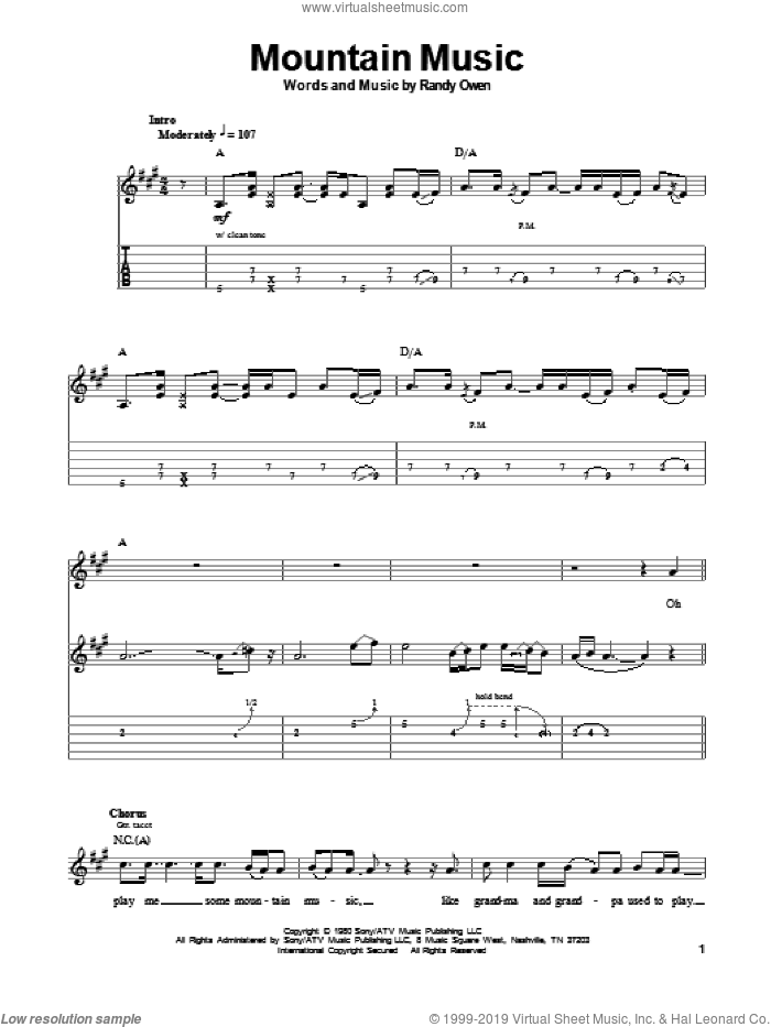 Mountain Music sheet music for guitar (tablature, play-along) by Alabama and Randy Owen, intermediate skill level
