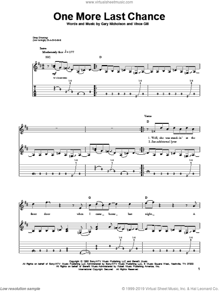 One More Last Chance sheet music for guitar (tablature, play-along) by Vince Gill and Gary Nicholson, intermediate skill level