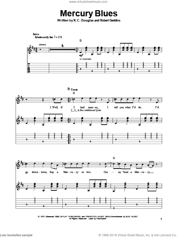 Mercury Blues sheet music for guitar (tablature, play-along) by Alan Jackson, K.C. Douglas and Robert Geddins, intermediate skill level