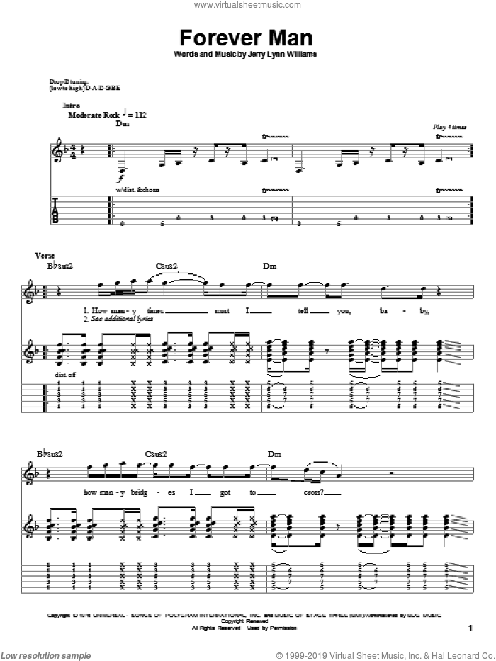 Forever Man sheet music for guitar (tablature, play-along) by Eric Clapton and Jerry Lynn Williams, intermediate skill level