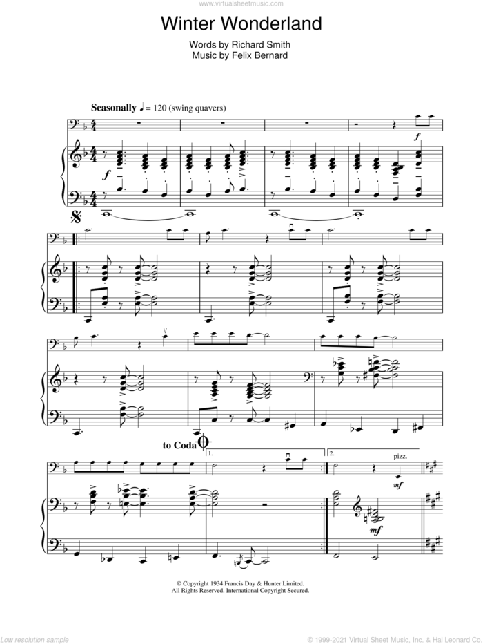 Winter Wonderland sheet music for voice, piano or guitar by Richard Smith and Felix Bernard, intermediate skill level