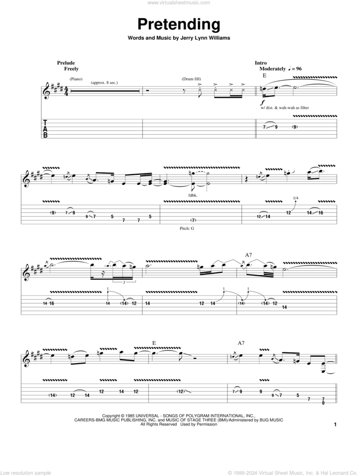 Pretending sheet music for guitar (tablature, play-along) by Eric Clapton and Jerry Lynn Williams, intermediate skill level