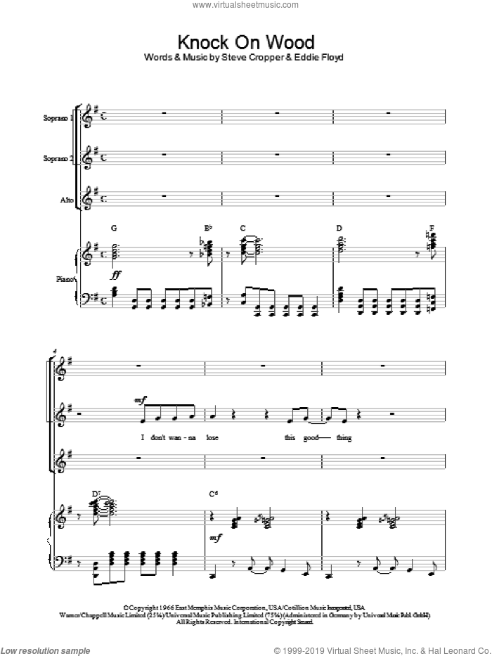Knock On Wood (arr. Berty Rice) sheet music for choir (SSA: soprano, alto) by Eddie Floyd, Berty Rice, David Bowie and Steve Cropper, intermediate skill level