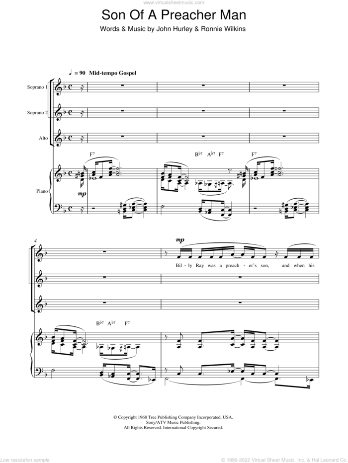 Son-Of-A-Preacher Man (arr. Berty Rice) sheet music for choir (SSA: soprano, alto) by Dusty Springfield, Berty Rice, John Hurley and Ronnie Wilkins, intermediate skill level