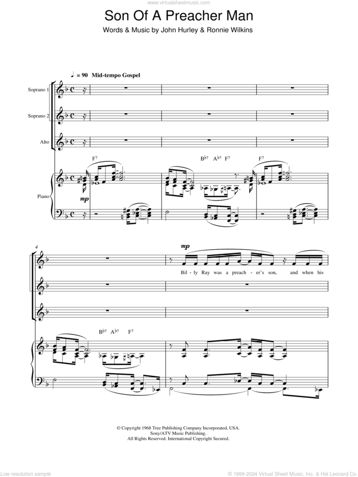 Son-Of-A-Preacher Man (arr. Berty Rice) sheet music for choir (SSA: soprano, alto) by Dusty Springfield, Berty Rice, John Hurley and Ronnie Wilkins, intermediate skill level