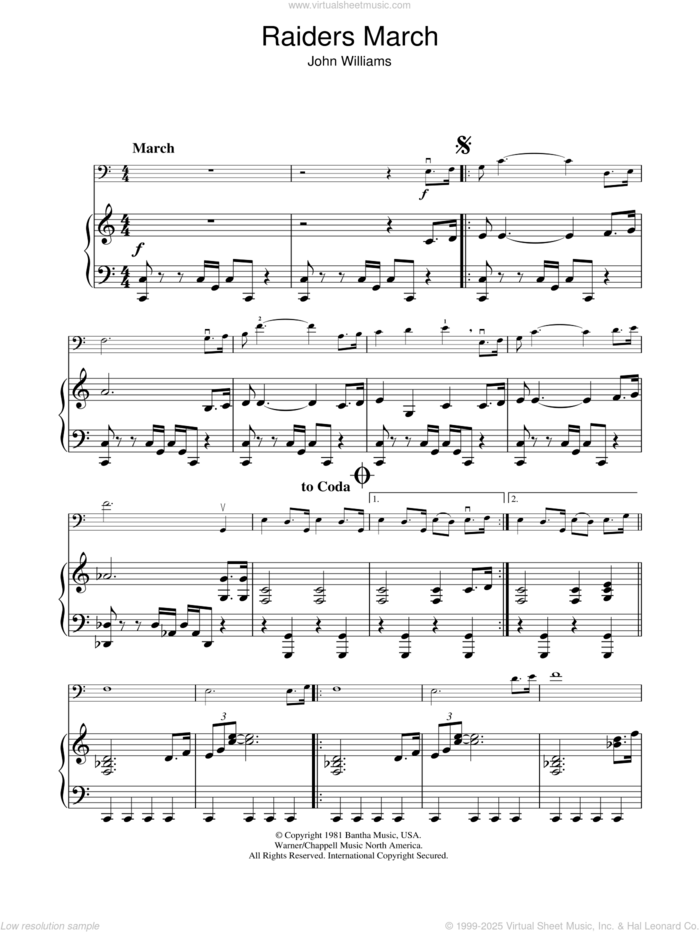 Raiders March sheet music for cello and piano by John Williams, intermediate skill level