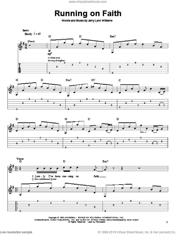 Running On Faith sheet music for guitar (tablature, play-along) by Eric Clapton and Jerry Lynn Williams, intermediate skill level