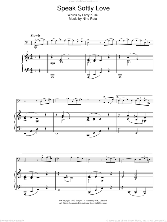 Speak Softly Love (Godfather Theme) sheet music for cello and piano by Nino Rota and Larry Kusik, intermediate skill level