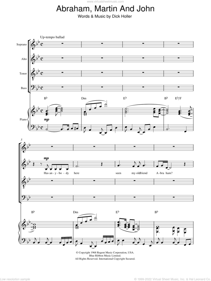 Abraham, Martin And John sheet music for choir (SATB: soprano, alto, tenor, bass) by Marvin Gaye and Dick Holler, intermediate skill level