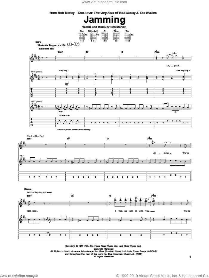 Jamming sheet music for guitar (tablature) by Bob Marley, intermediate skill level