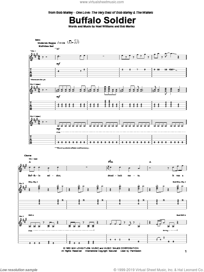 Buffalo Soldier sheet music for guitar (tablature) by Bob Marley and Noel Williams, intermediate skill level