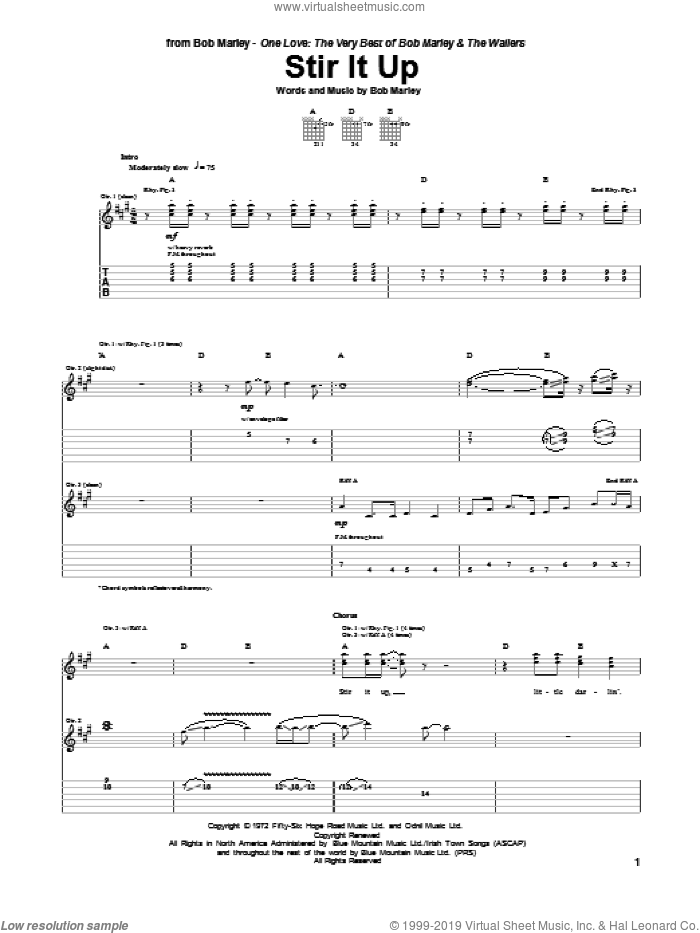 Stir It Up sheet music for guitar (tablature) by Bob Marley, intermediate skill level