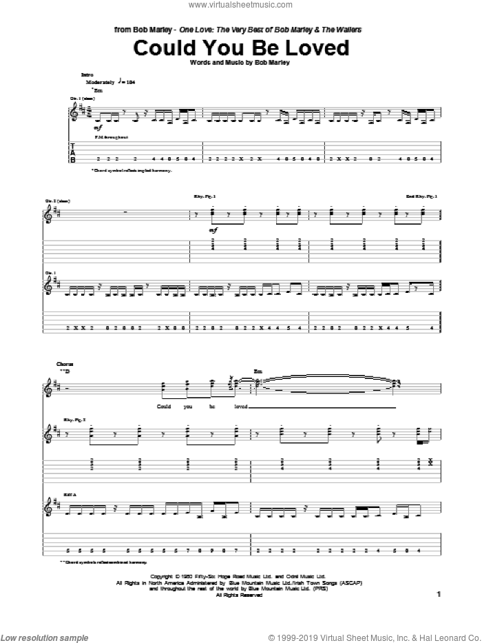 Could You Be Loved sheet music for guitar (tablature) by Bob Marley and Bob Marley and The Wailers, intermediate skill level