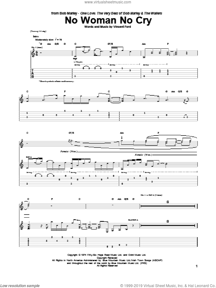 No Woman No Cry sheet music for guitar (tablature) by Bob Marley and Vincent Ford, intermediate skill level