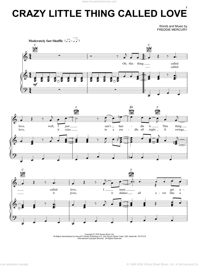 Crazy Little Thing Called Love sheet music for voice, piano or guitar by Queen, Dwight Yoakam, Michael Buble and Freddie Mercury, intermediate skill level