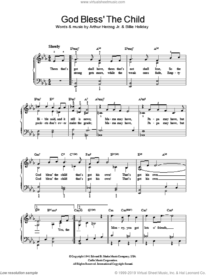 God Bless' The Child sheet music for voice, piano or guitar by Billie Holiday and Arthur Herzog Jr., intermediate skill level