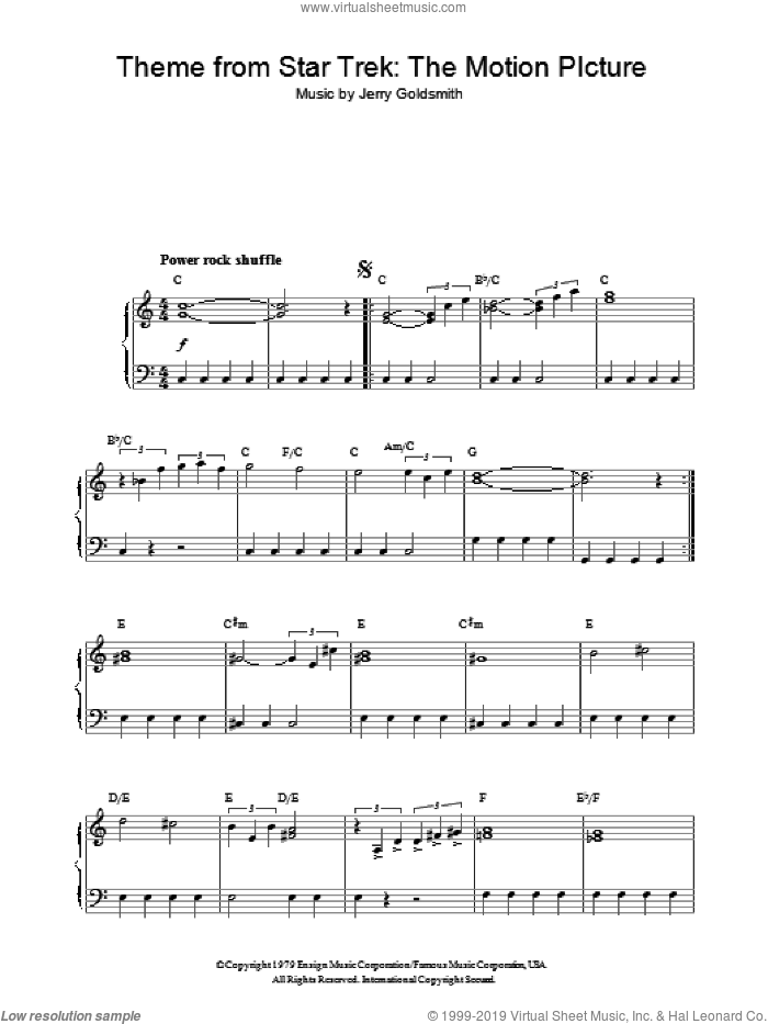 Theme from Star Trek: The Motion Picture sheet music for piano solo by Jerry Goldsmith and Star Trek(R), intermediate skill level