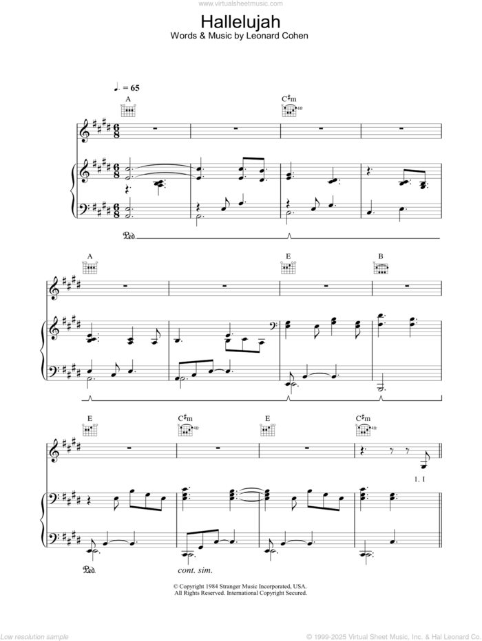 Hallelujah sheet music for voice, piano or guitar by K.D. Lang and Leonard Cohen, intermediate skill level