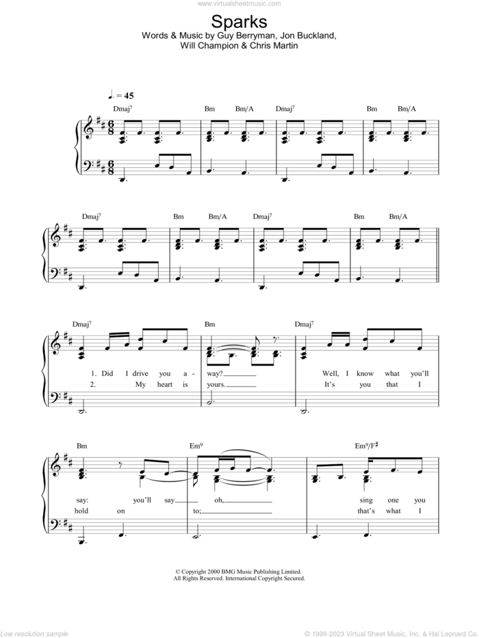 Sparks sheet music for piano solo by Guy Berryman, Coldplay, Berryman,Guy, Buckland,Jon, Chris Martin, Jon Buckland and Will Champion, easy skill level