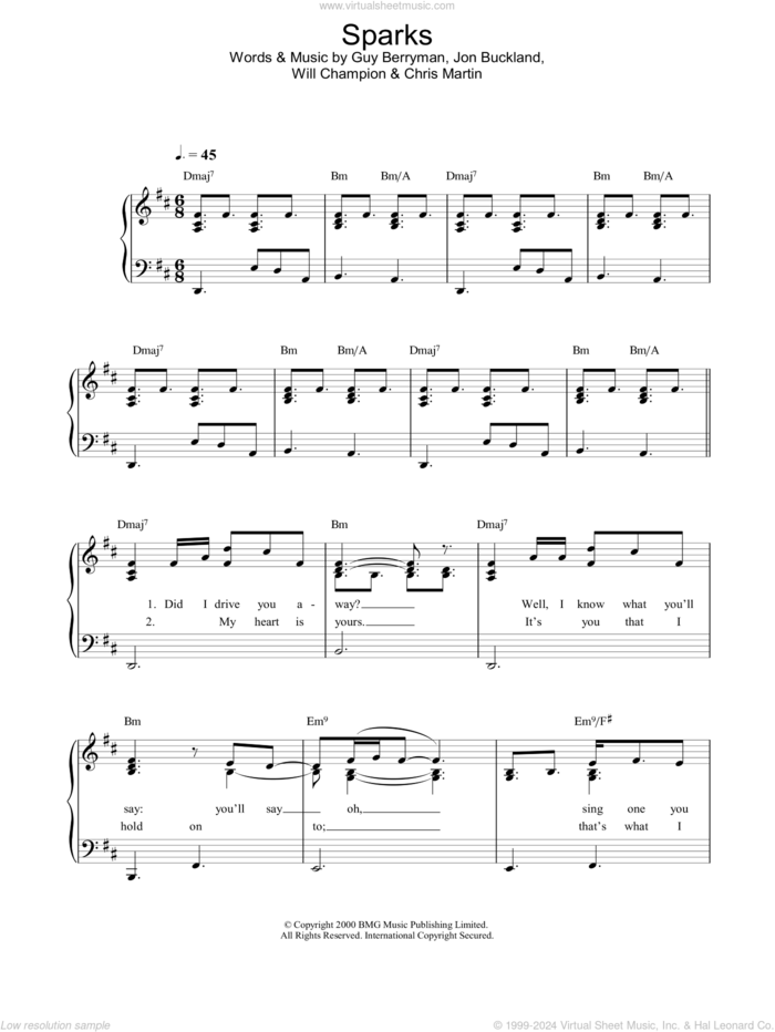 Sparks sheet music for piano solo by Guy Berryman, Coldplay, Berryman,Guy, Buckland,Jon, Chris Martin, Jon Buckland and Will Champion, easy skill level