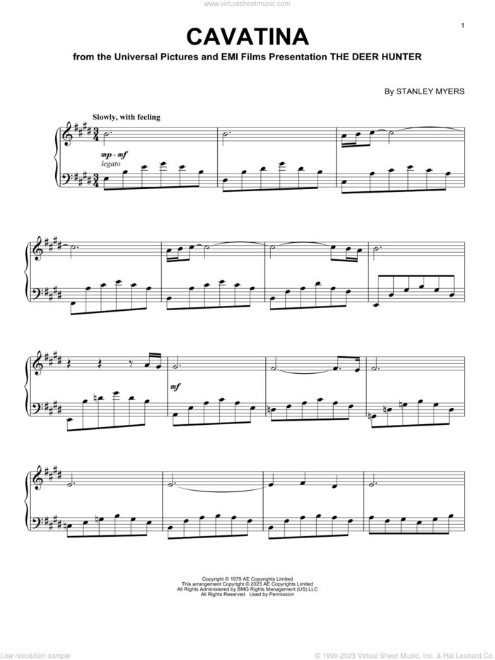 Cavatina (from The Deer Hunter), (intermediate) sheet music for piano solo by Stanley Myers and John Williams, classical score, intermediate skill level
