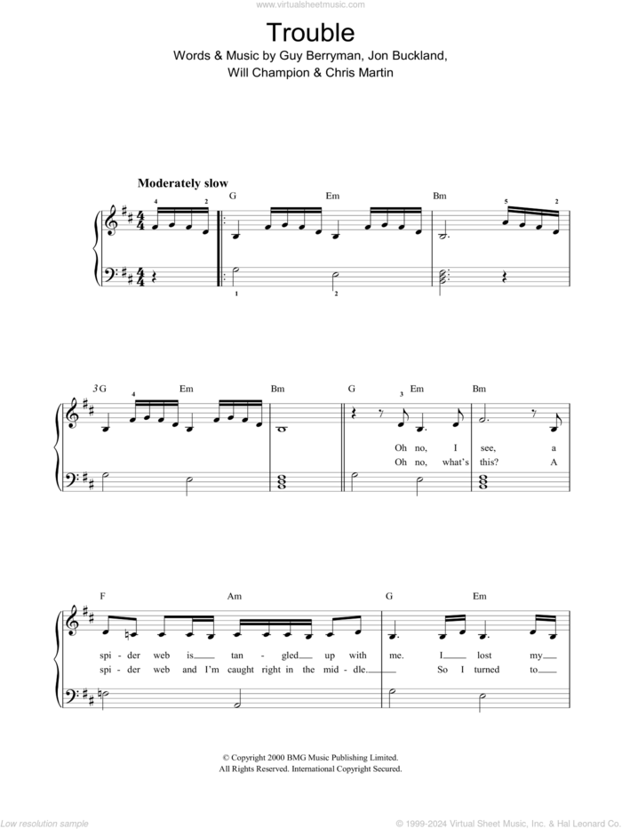 Trouble sheet music for piano solo by Coldplay, Chris Martin, G Berryman, Guy Berryman, J Jon Buckland, Jon Buckland, W & Martin, C Champion and Will Champion, easy skill level