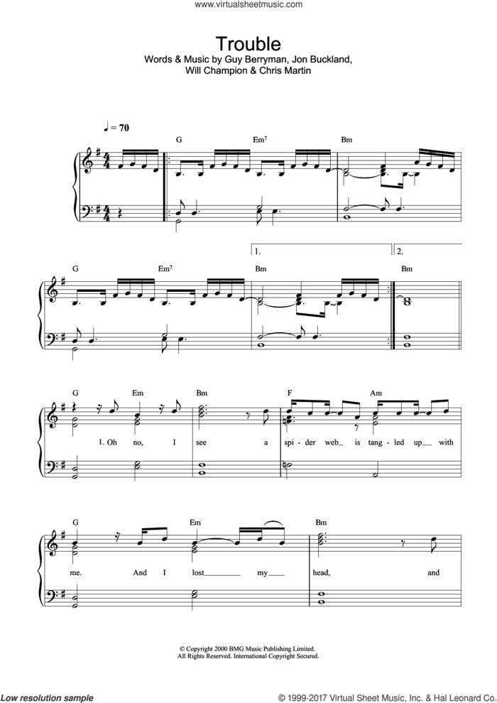 Trouble sheet music for piano solo by Coldplay, Chris Martin, G Berryman, Guy Berryman, J Jon Buckland, Jon Buckland, Jonny Buckland, W & Martin, C Champion and Will Champion, easy skill level
