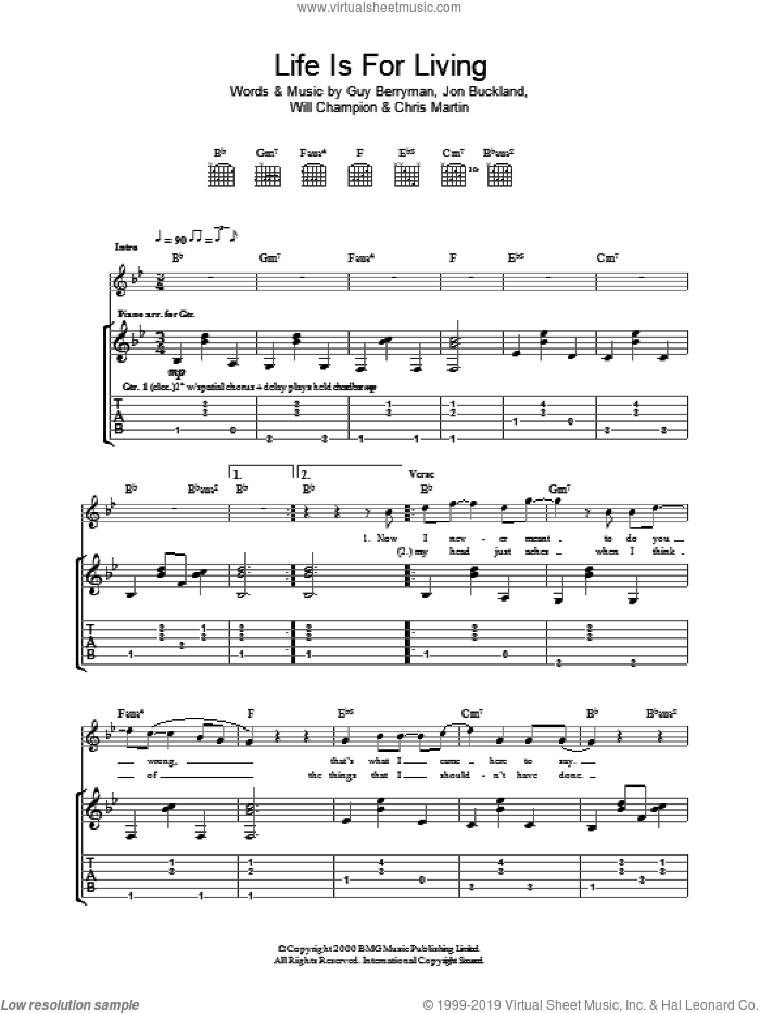 Life Is For Living sheet music for guitar (tablature) by Guy Berryman, Coldplay, Berryman,Guy, Buckland,Jon, Chris Martin, Jon Buckland and Will Champion, intermediate skill level