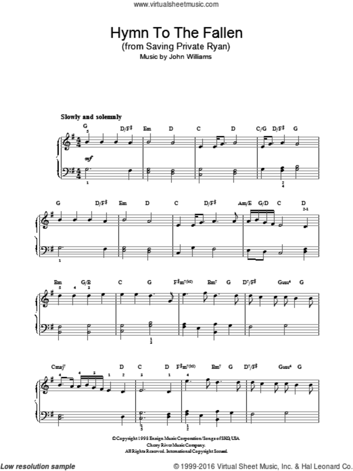 Hymn To The Fallen (from Saving Private Ryan), (intermediate) (from Saving Private Ryan) sheet music for piano solo by John Williams, intermediate skill level