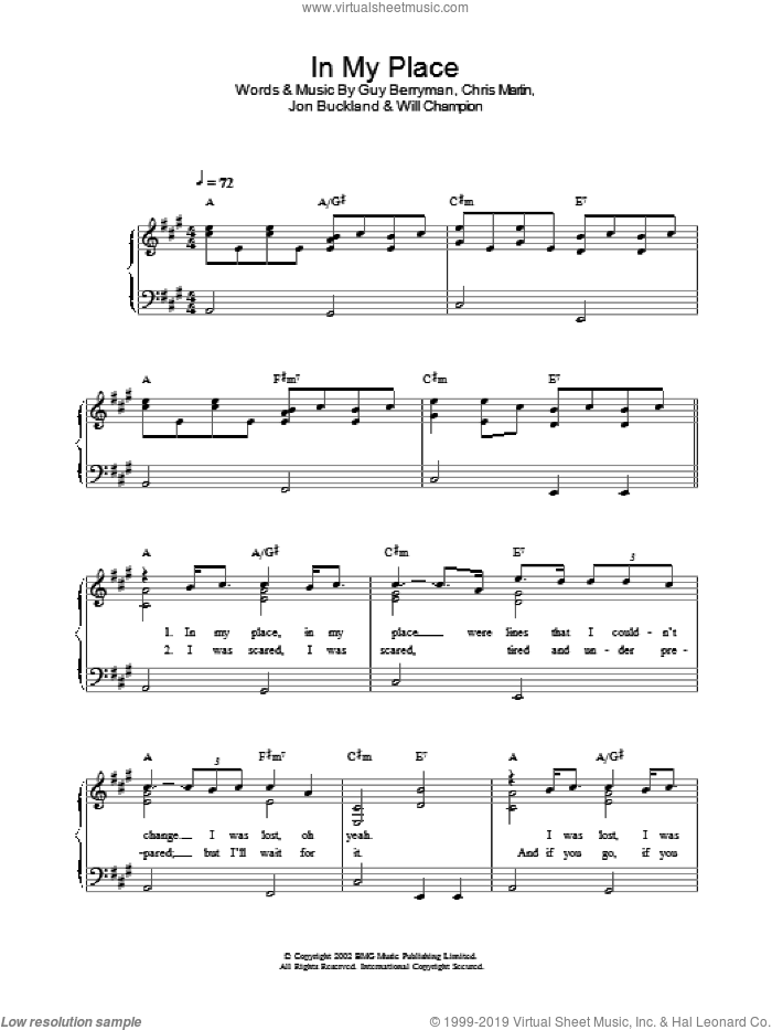 In My Place, (easy) sheet music for piano solo by Coldplay, Chris Martin, Guy Berryman, Jon Buckland and Will Champion, easy skill level