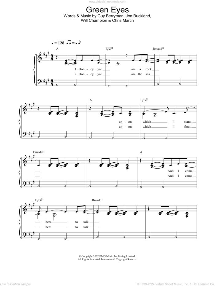 Green Eyes sheet music for piano solo by Coldplay, Chris Martin, Guy Berryman, Jon Buckland and Will Champion, easy skill level