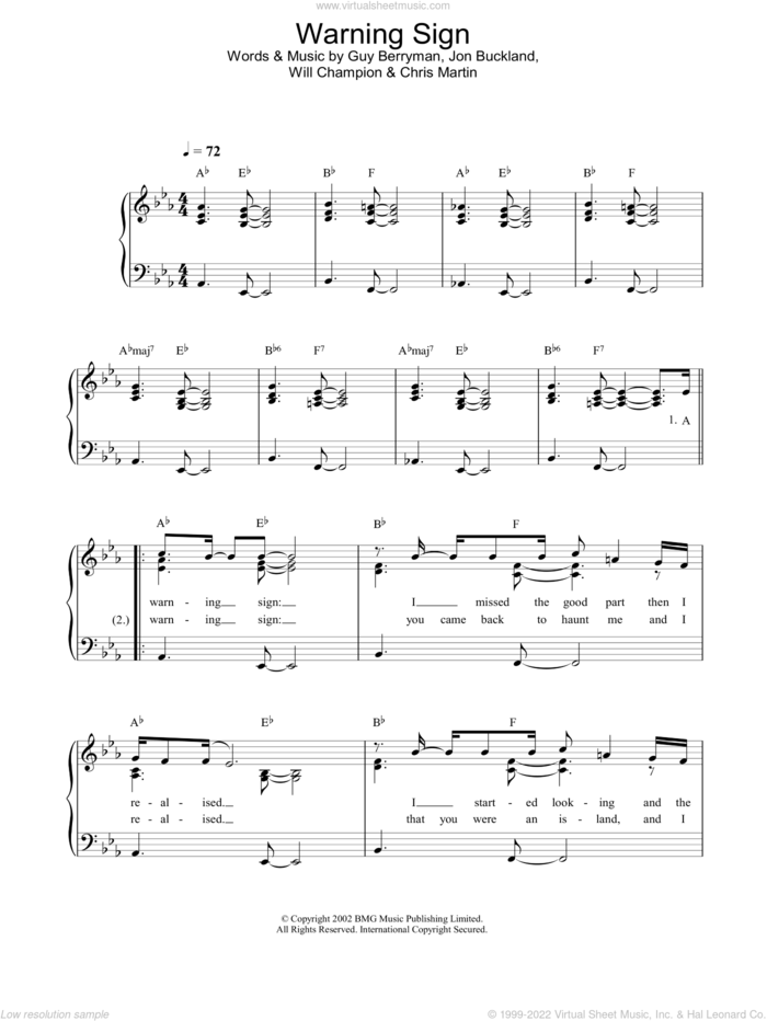 Warning Sign sheet music for piano solo by Coldplay, Chris Martin, Guy Berryman, Jon Buckland and Will Champion, easy skill level