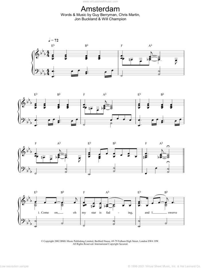 Amsterdam sheet music for piano solo by Coldplay, Chris Martin, Guy Berryman, Jon Buckland and Will Champion, easy skill level