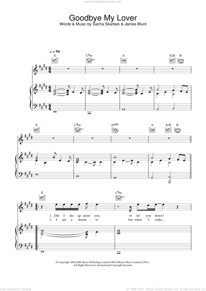 Goodbye My Lover sheet music for voice, piano or guitar by James Blunt and Sacha Skarbek, intermediate skill level