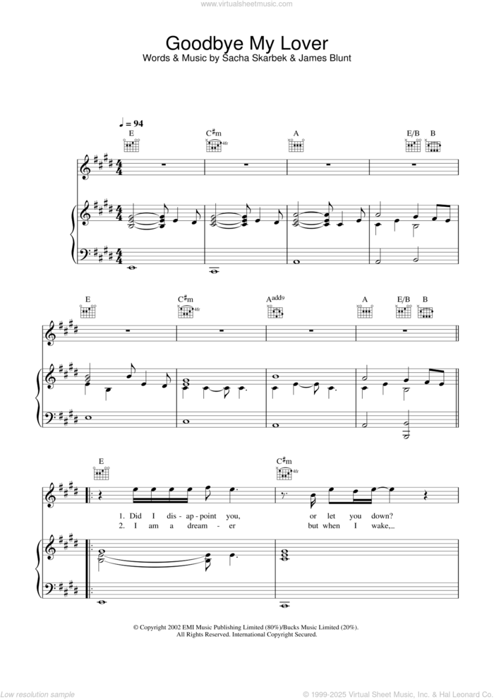 Goodbye My Lover sheet music for voice, piano or guitar by James Blunt and Sacha Skarbek, intermediate skill level