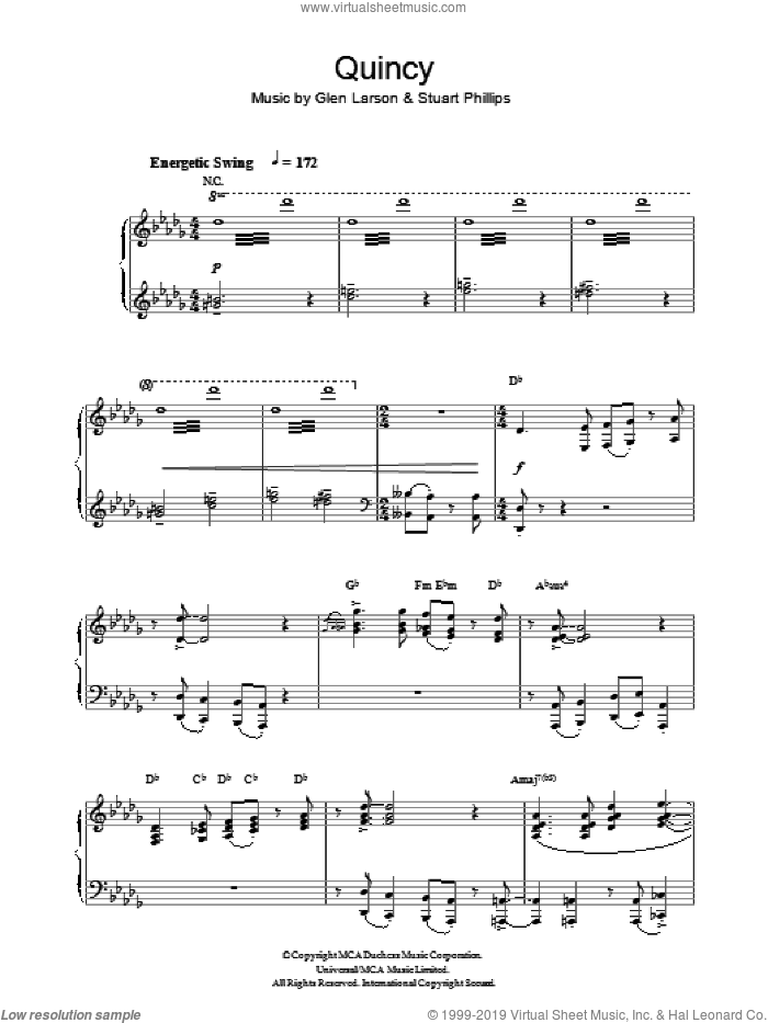 Quincy sheet music for piano solo by Glen Larson and Stuart Phillips, intermediate skill level