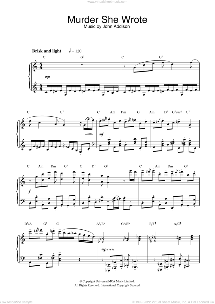Murder She Wrote sheet music for piano solo by John Addison, intermediate skill level