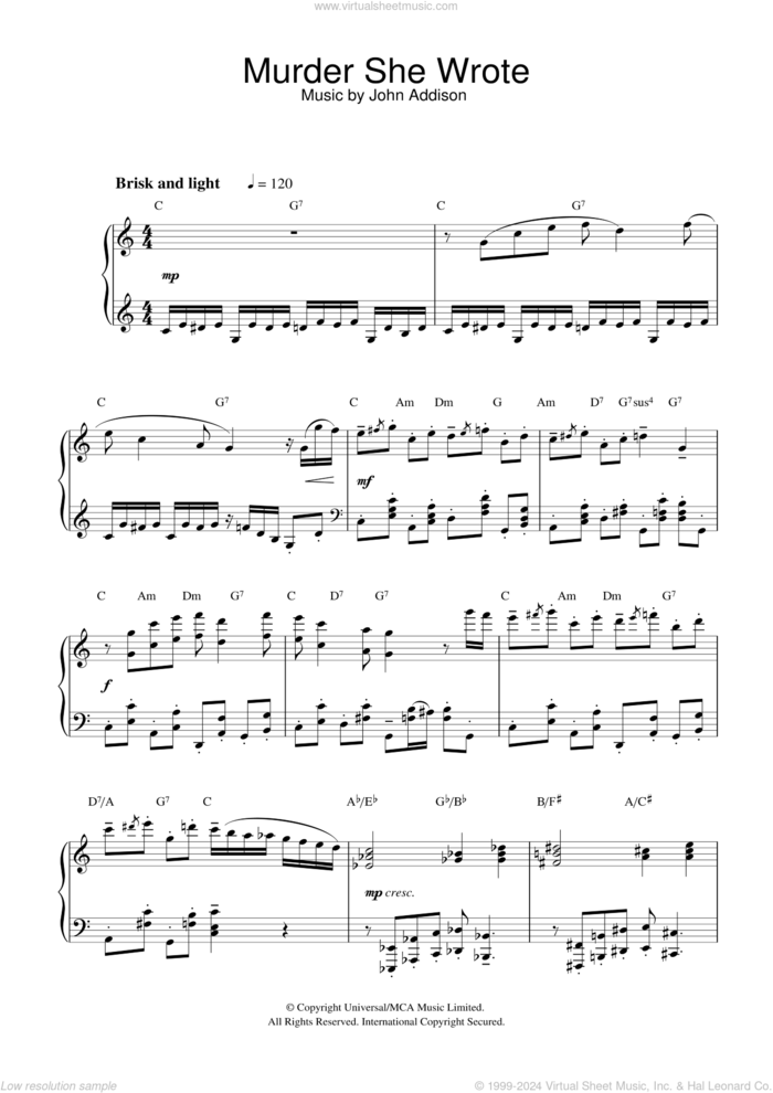 Murder She Wrote sheet music for piano solo by John Addison, intermediate skill level