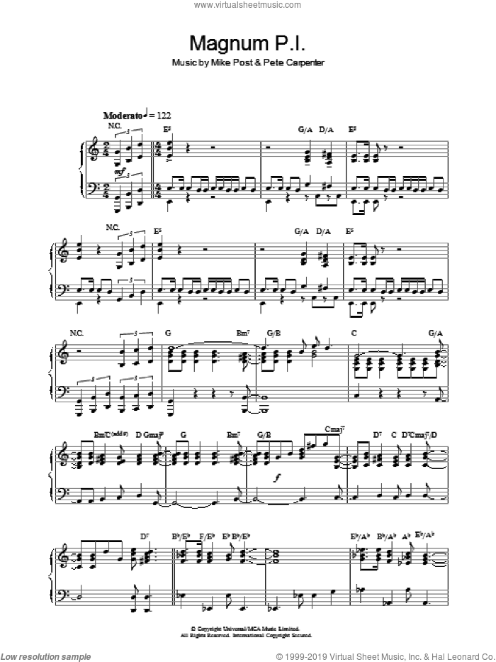 Magnum P.I. sheet music for piano solo by Mike Post and Pete Carpenter, intermediate skill level