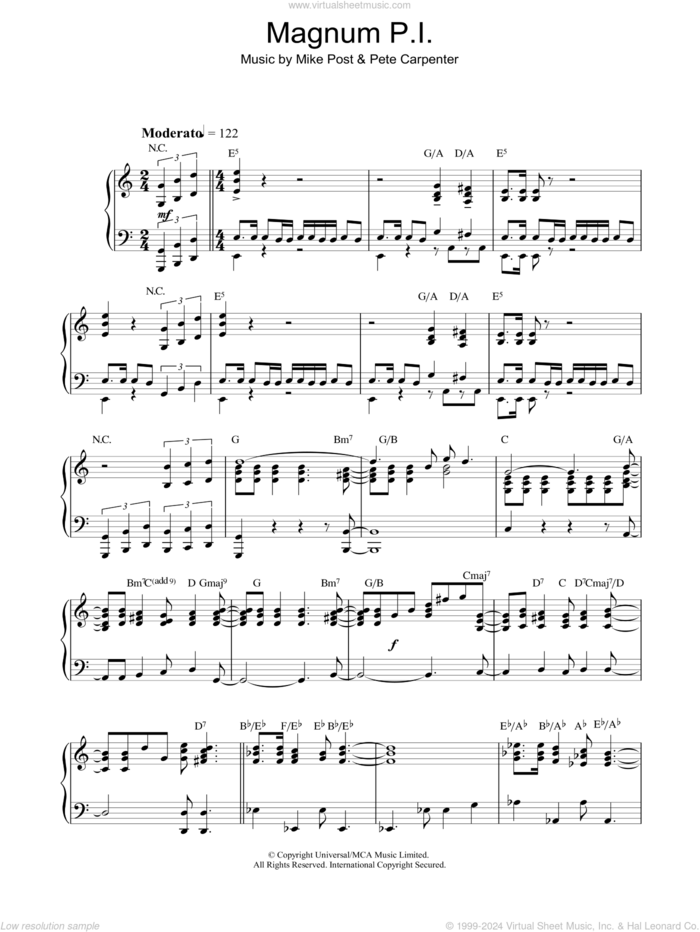 Magnum P.I. sheet music for piano solo by Mike Post and Pete Carpenter, intermediate skill level