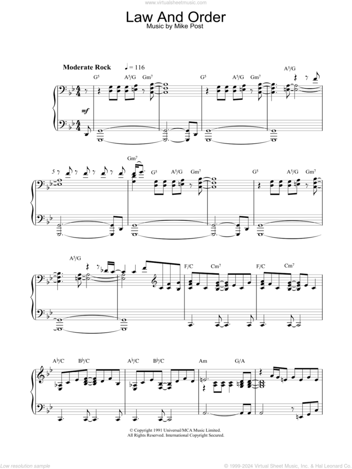 Theme from Law And Order sheet music for piano solo by Mike Post, intermediate skill level