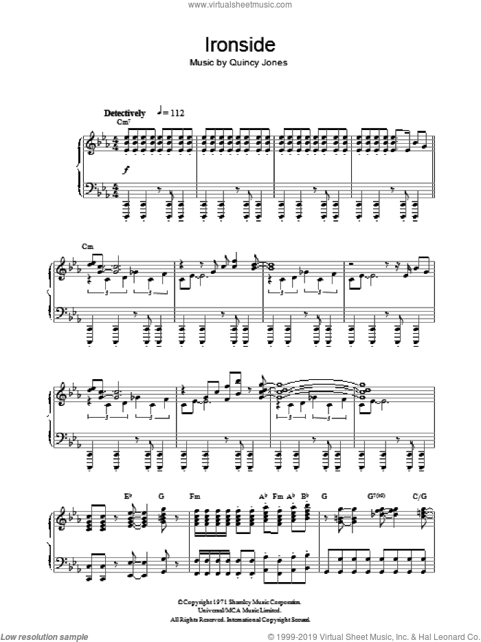 Ironside sheet music for piano solo by Quincy Jones, intermediate skill level