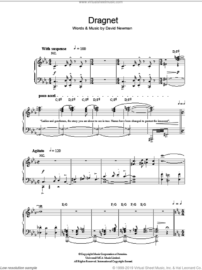 Dragnet sheet music for piano solo by David Newman, intermediate skill level
