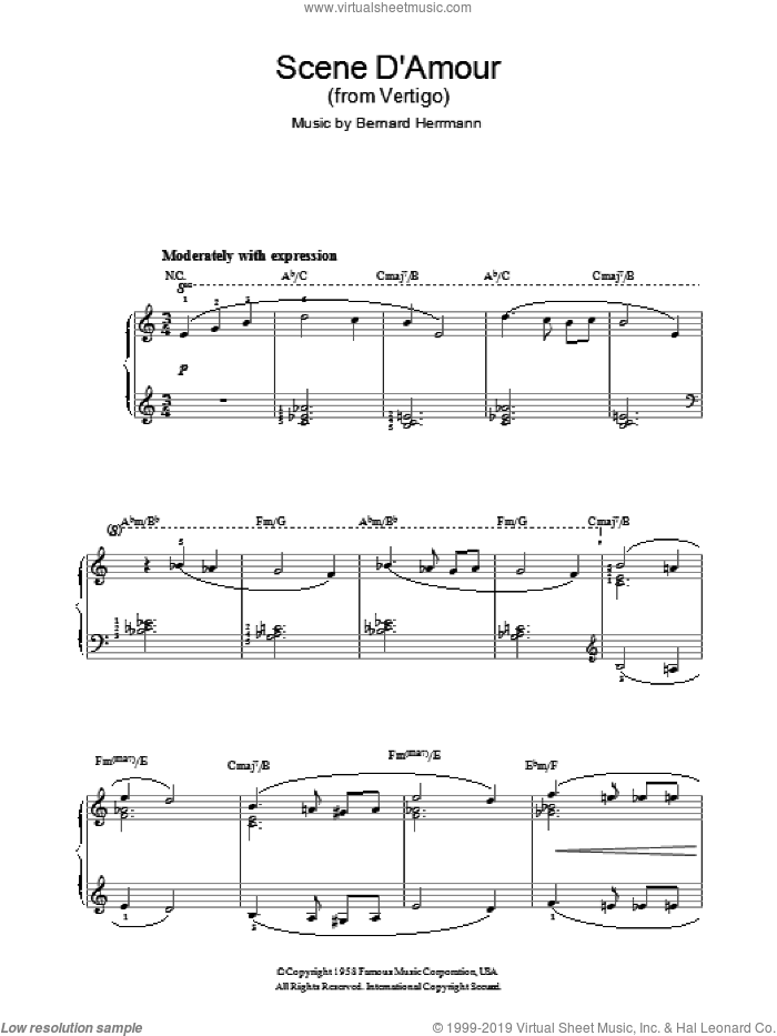 Scene D'Amour (from Vertigo) sheet music for voice, piano or guitar by Bernard Herrmann, intermediate skill level